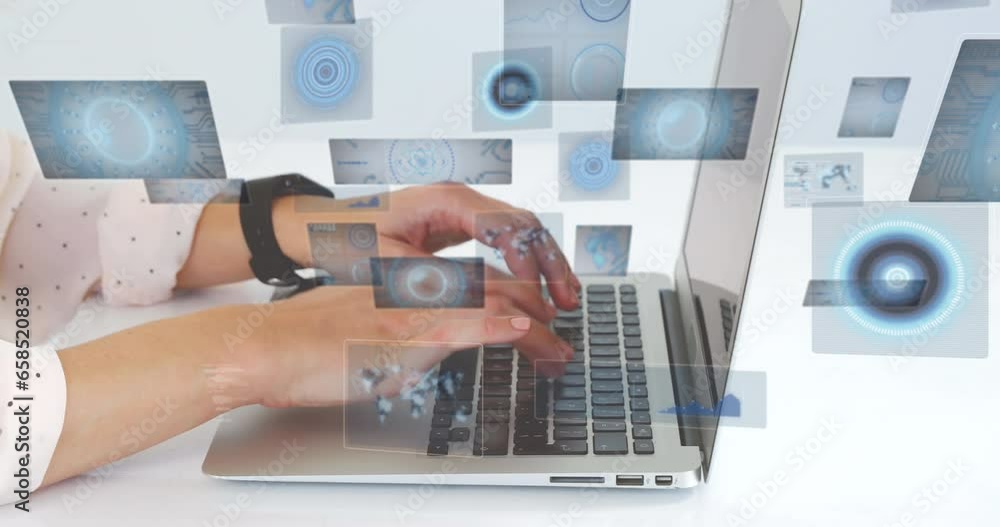 Animation of radars, circles and globes over midsection of caucasian woman working on laptop Animation of radars, circles and globes over midsection of caucasian woman working on laptop