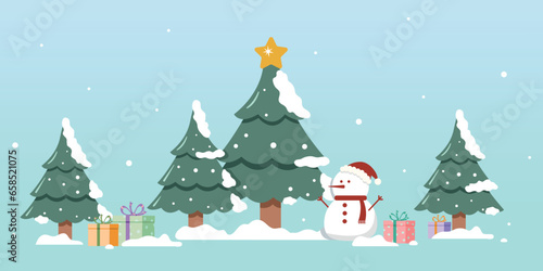 Christmas tree and snowman banner. Merry Christmas and Happy New Year banner, greeting card, poster, holiday cover.