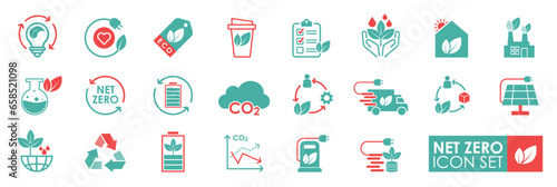 Net zero icons. Contains such Icons as CO2 neutral, save Earth, and climate action. ecology, financial performance, sustainable development, and more. Solid icon style.