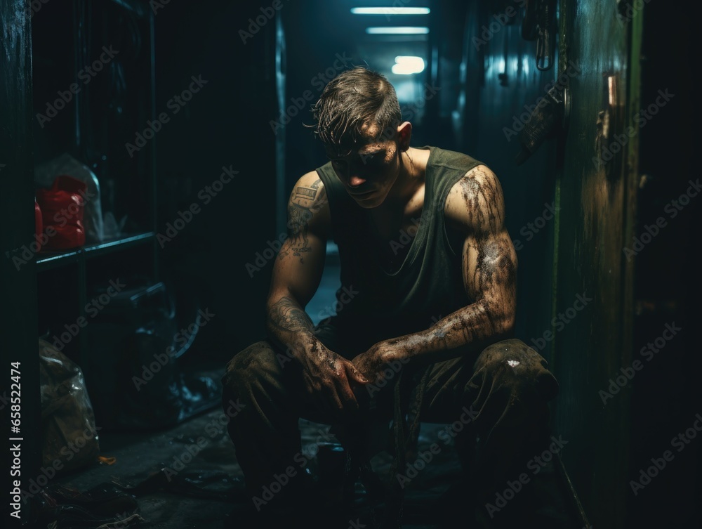 A Gritty and Powerful Portrait of a Tattooed Man in an empty locker room Amidst Struggle and Solitude
