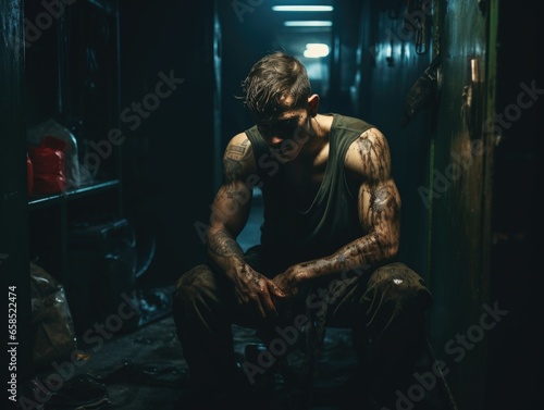 A Gritty and Powerful Portrait of a Tattooed Man in an empty locker room Amidst Struggle and Solitude