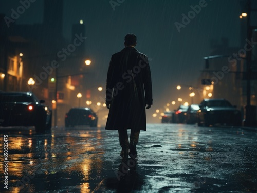 Solitary Man Walking on Rainy City Street at Night  Glowing Lights Reflecting on Wet Pavement with Mysterious Urban Atmosphere