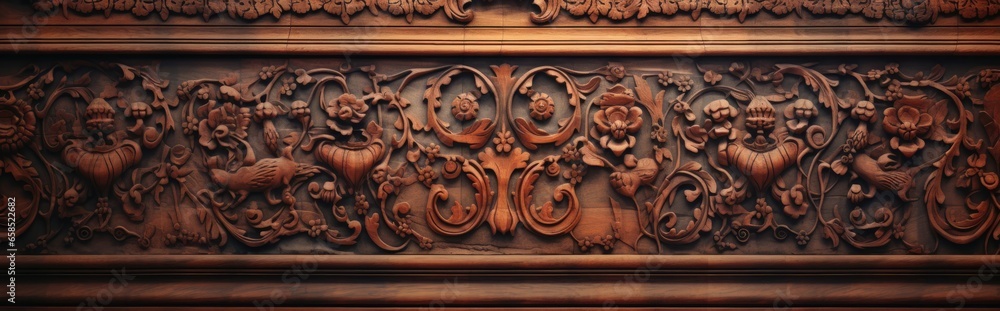A banner showing an artistically carved wood plate with intricate details and different ornaments to give a feeling of luxury and melancholy A banner showing an artistically carved wood plate with intricate details and different ornaments to give a feeling of luxury and melancholy