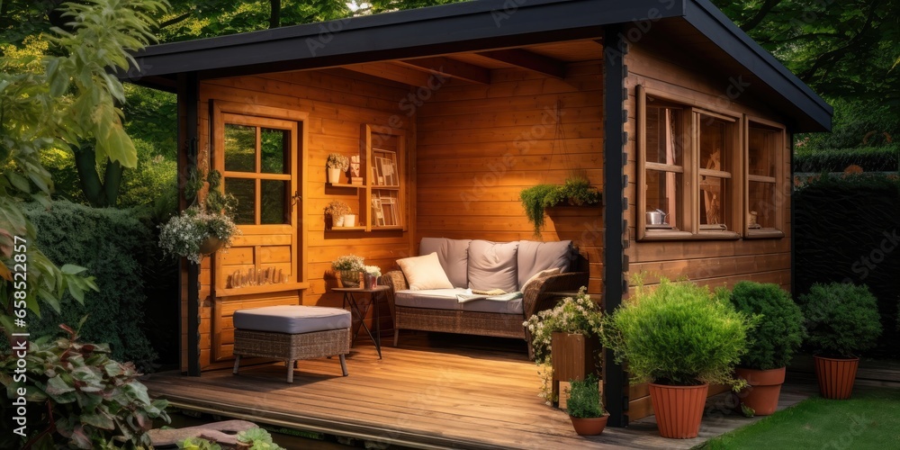 illustration of cozy wooden room in garden, generative AI