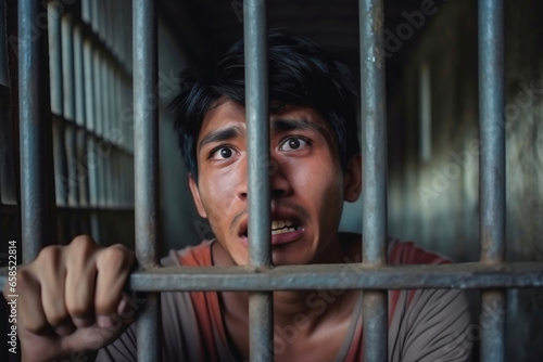 Photo of a man holding a bar in a jail cell