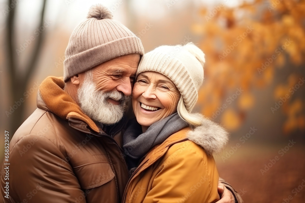An elderly couple, a man and a woman, hugging in an autumn park. They look at each other with a loving gaze. Old people on a walk. Relationships in old age. Love and romance. An elderly couple, a man and a woman, hugging in an autumn park. They look at each other with a loving gaze. Old people on a walk. Relationships in old age. Love and romance.
