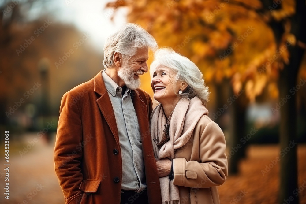 An elderly couple, a man and a woman, hugging in an autumn park. They look at each other with a loving gaze. Old people on a walk. Relationships in old age. Love and romance. An elderly couple, a man and a woman, hugging in an autumn park. They look at each other with a loving gaze. Old people on a walk. Relationships in old age. Love and romance.