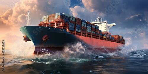 A gargantuan container ship navigating the boundless sea photo