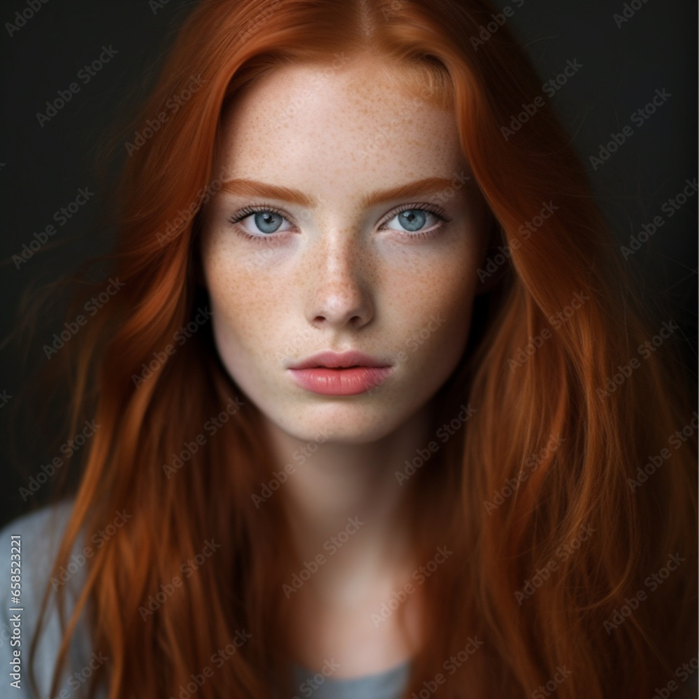 25 year old woman, strawberry red hair that is long and straight and fine, blue eyes, slight freckles on cheeks and nose, full lips, slim build 25 year old woman, strawberry red hair that is long and straight and fine, blue eyes, slight freckles on cheeks and nose, full lips, slim build