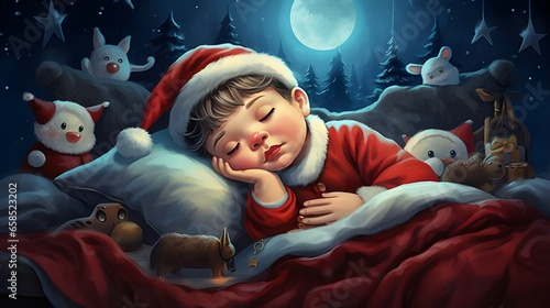 A baby boy sleeping in christmas night , generative AI  photo