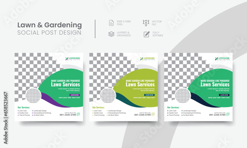 Lawn gardening social media post for agriculture services. Agro gardening service social media post layout design for lawn mowing & care marketing banner. Vol - 1