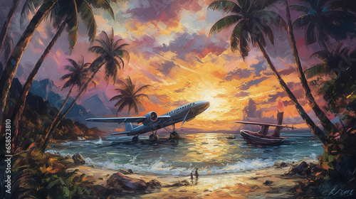 Impressionist painting insane sunset plane we see, generative ai