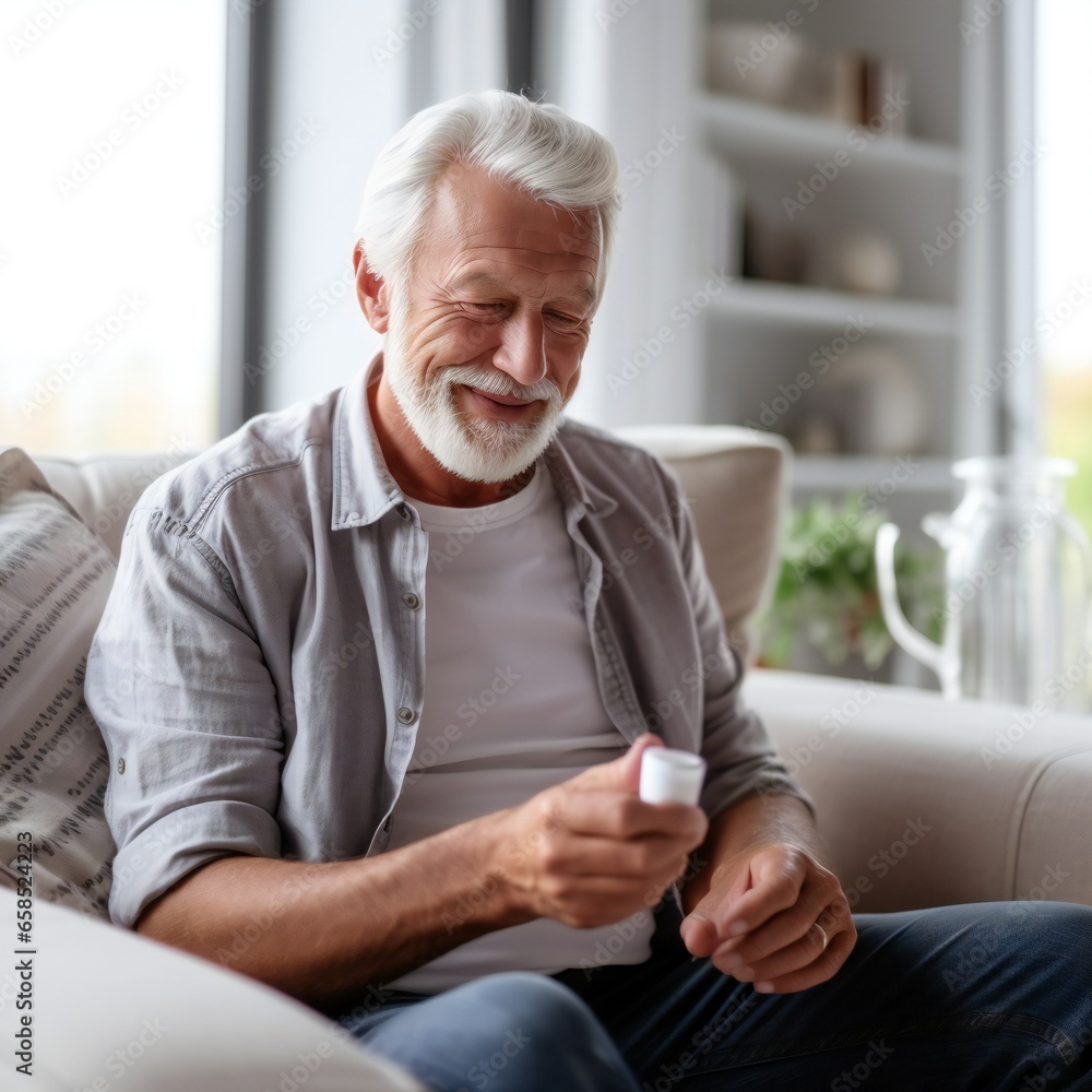 Senior man taking pills while sitting on couch at home, holding white jar with treatment. Grey-haired elderly man using supplements or vitamins. Healthy lifestyle in senior age concept Senior man taking pills while sitting on couch at home, holding white jar with treatment. Grey-haired elderly man using supplements or vitamins. Healthy lifestyle in senior age concept