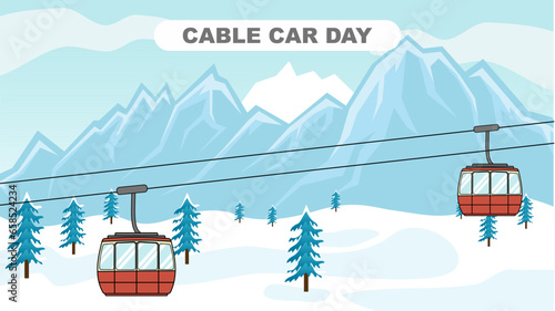 cable car day, illustration of a cable car with a background of snowy mountains