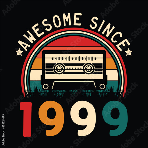 Awesome Since 1999 Retro Sunset Cassette Tape T-Shirt Mug Sticker Vector photo