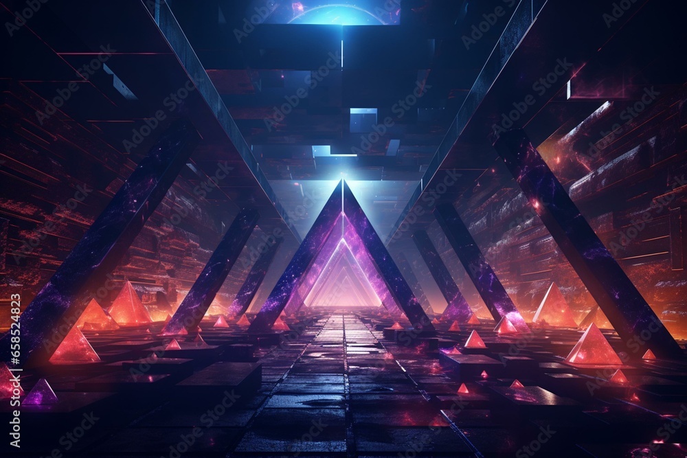 Vibrant digital pathway with unique triangular mechanisms and futuristic radiance. Alternate version included. Generative AI - obrazy, fototapety, plakaty 