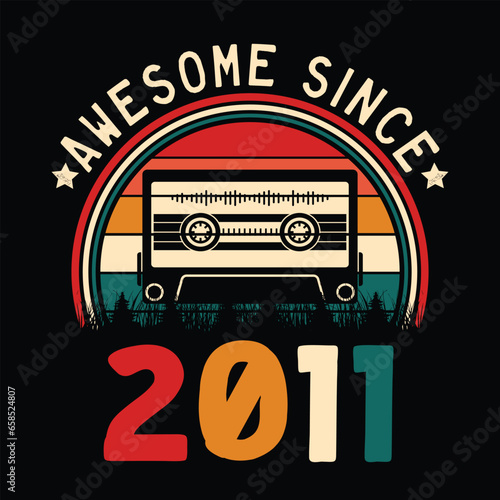 Awesome Since 2011 Retro Sunset Cassette Tape T-Shirt Mug Sticker Vector