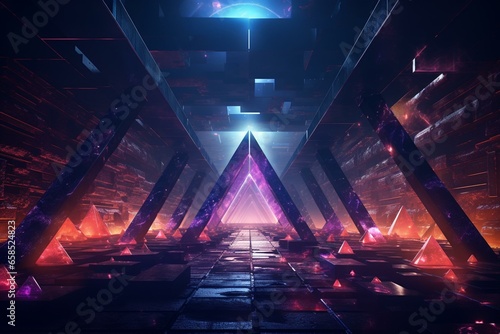 Vibrant digital pathway with unique triangular mechanisms and futuristic radiance. Alternate version included. Generative AI