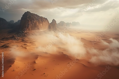 Aerial desert landscape with towering rocks and sandstorms. Serene and stunning. Generative AI