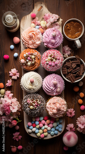  cupcakes, on a wooden table, surrounded by ingredients, ultra textured, studio lighting, gourmandise 
