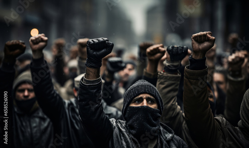 Protesters raising fists in city. Human rights, Activism concept. © AllistairBot/Peopleimages - AI