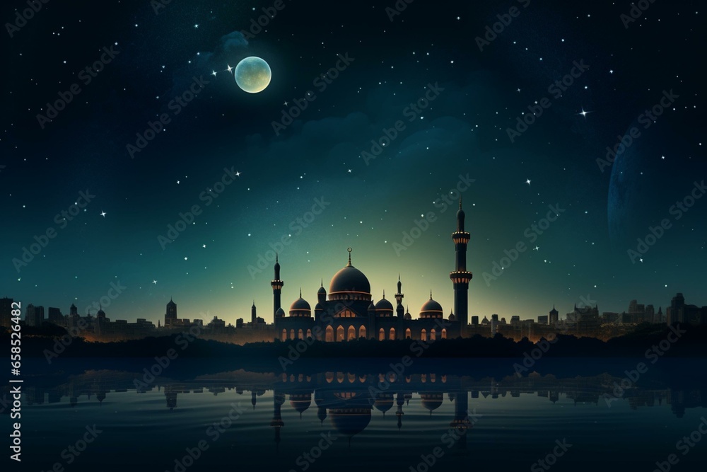 Islamic theme with a mosque and a beautiful night background featuring a crescent moon. Generative AI