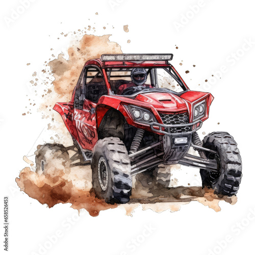 A watercolor painting of an utv, offroad red car with mud adventure illustration.