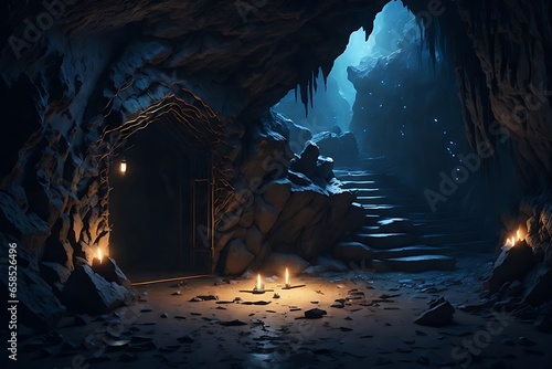 A mysterious, dark cave with a glowing, illuminated wall, perfect for writing stories and secrets. Night