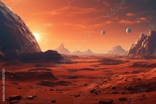 Scenic desert scene on Mars. Red planet landscape. Generative AI