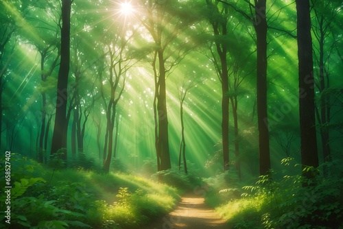 Beautiful rays of sunlight in a green forest. misty