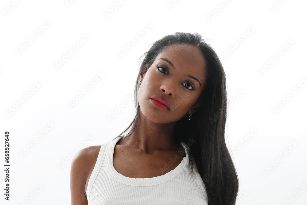 Young lovely female has dark skin isolated over white background. Young lovely female has dark skin isolated over white background.