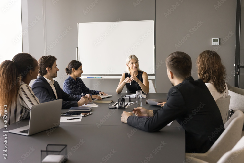 Confident middle aged team leader woman meeting with diverse group in boardroom, talking to employees, discussing work tasks, plan, strategy. Corporate teacher giving seminar to staff - obrazy, fototapety, plakaty 