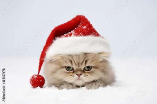 Cute Persian cat with Santa Claus Christmas hat in snow