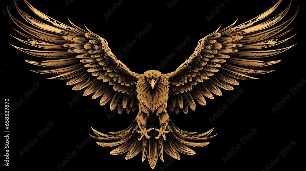 Soaring bird of prey. Gold silhouette on black background. Vector hand drawn illustration. Template for temporary tattoo, t-shirt print and other4k, high detailed, full ultra HD, High resolution Soaring bird of prey. Gold silhouette on black background. Vector hand drawn illustration. Template for temporary tattoo, t-shirt print and other4k, high detailed, full ultra HD, High resolution
