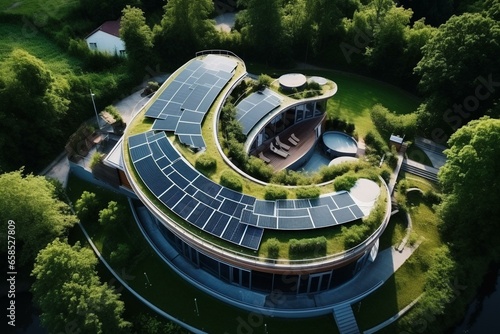 Bird's-eye view of sustainable house with solar panels. Artistic and eco-friendly energy. Generative AI