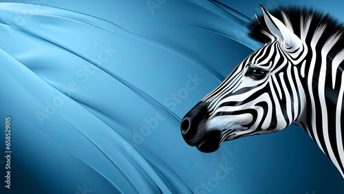 Abstract 3D background with a zebra head in profile on a blue background  banner with free space for text