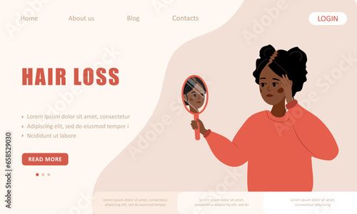 Hair loss concept. Landing page template. Sad african woman with baldness disease and problems of the scalp. Unhappy female character with mirror. Vector illustration in flat cartoon style.