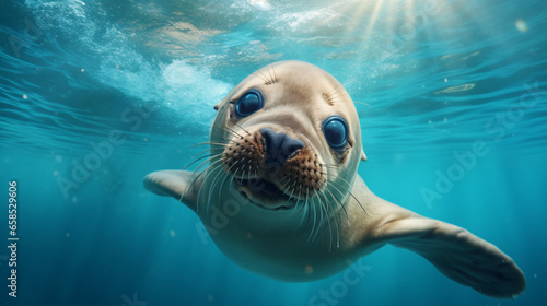 Cute Sea Lion Playing Underwater Generative Ai © Black