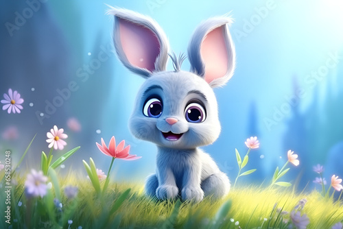 3D Cute White Rabbit with Colorful Egg on Green Field and Blue Sky,