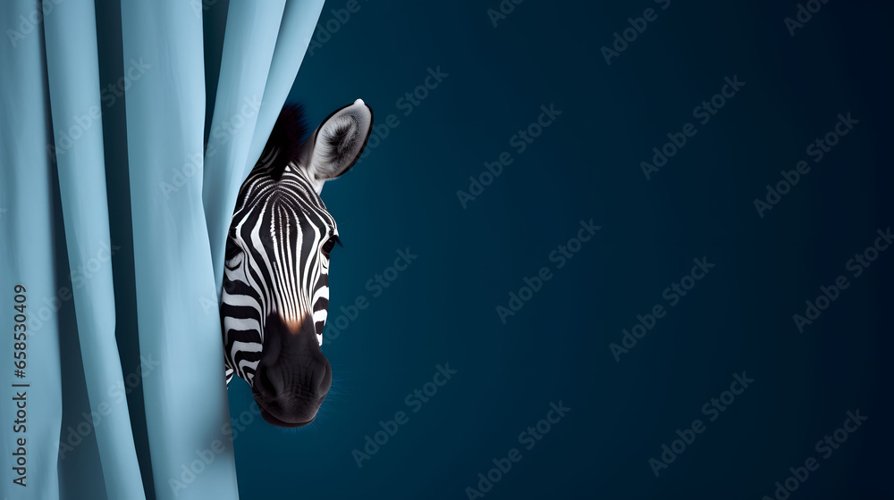 Funny Zebra Peeking Out from Dark Blue Curtain on Soft Blue Studio Background, AI Generated Image