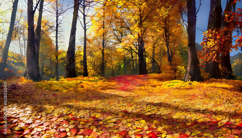 autumn trees in the park, Nature's Carpet: A Bright and Sunny Autumn Day in the Park, AI Generated