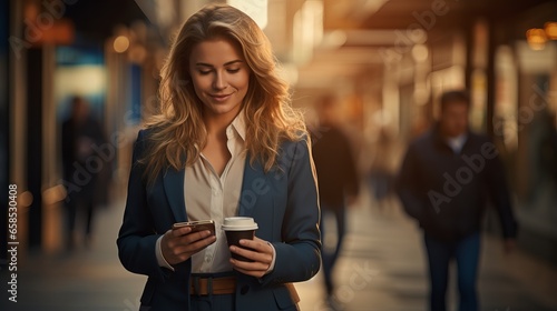 woman in the city holding coffee cup while reading mobile messages