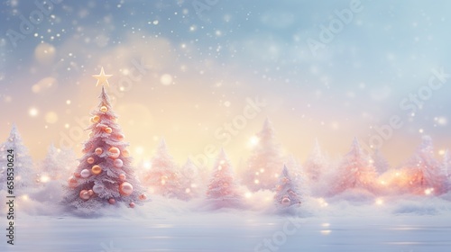  a christmas tree with a star on top in a snowy landscape.  generative ai © Jevjenijs