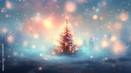 a painting of a christmas tree in a snowy landscape with lights.  generative ai © Jevjenijs