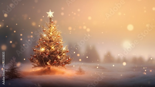  a christmas tree with lights in a snowy landscape with snow flakes. generative ai
