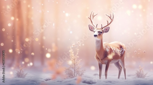  a deer standing in a snowy forest with snow flakes.  generative ai © Jevjenijs