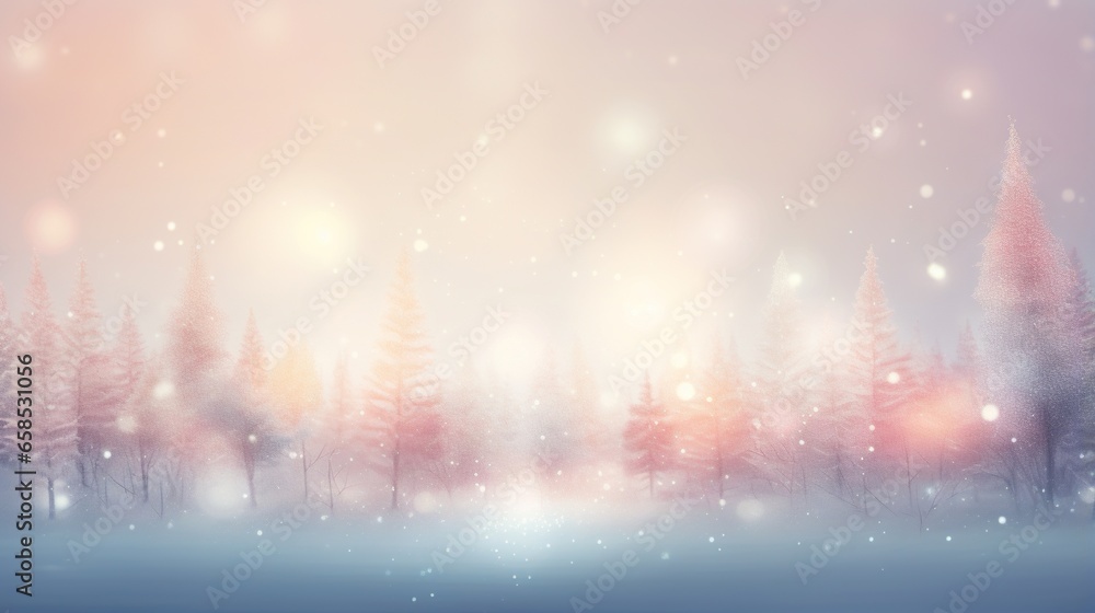  a snowy landscape with trees and snow flakes on it.  generative ai