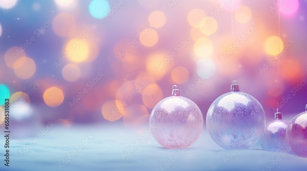 three ornaments are sitting in a row on a table with blurry lights in the background. generative ai three ornaments are sitting in a row on a table with blurry lights in the background. generative ai