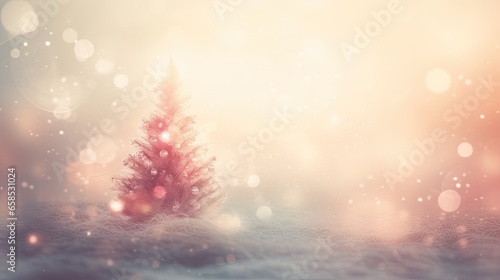  a small red christmas tree in a snowy landscape with boke.  generative ai © Jevjenijs