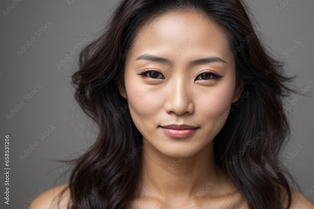 Japanese beautiful woman portrait with smooth health skin face for advertising design. Fit asian beautiful aging young looking woman. Generative Ai. Japanese beautiful woman portrait with smooth health skin face for advertising design. Fit asian beautiful aging young looking woman. Generative Ai.